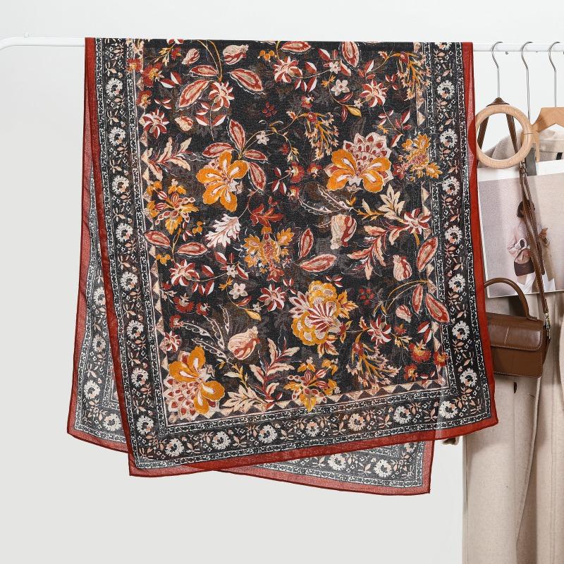 Ladies Spring and Autumn Print Long Scarf Retro Cotton and Linen Large Size Scarf Sunscreen Shawl Hot Sale
