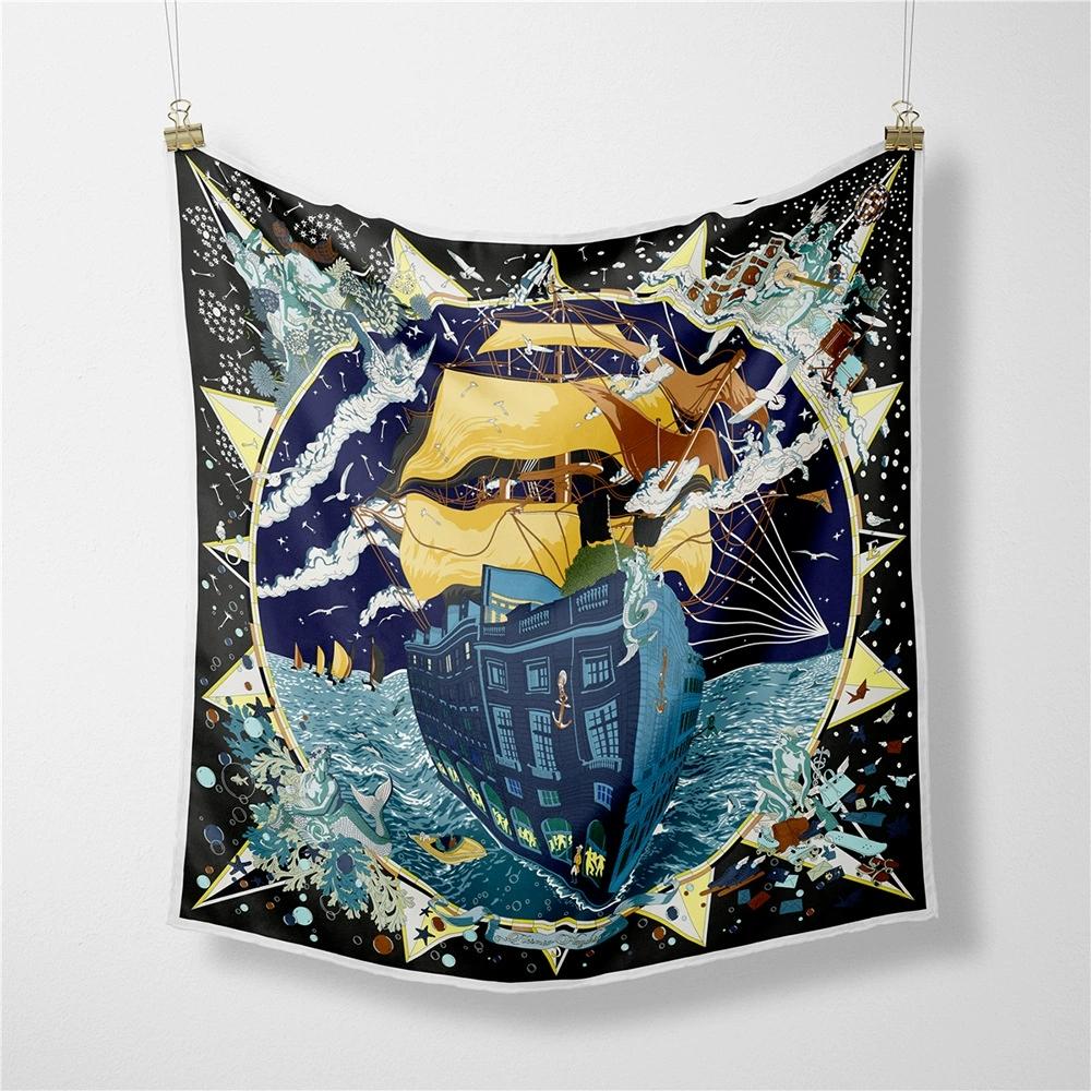 French 53cm New Dream Sailboat Women Twill Silk Scarf Versatile Decorative Square Necktie Small Scarf