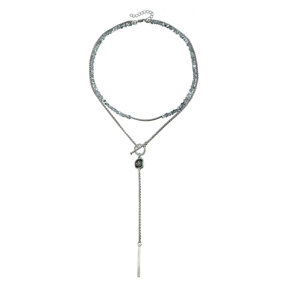 Y-förmiger grauer Glasanhänger Geometrischer langer Quasten-Schichtketten-Halskette Geschenke Quadratische Halskette für Frauen