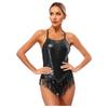 Ladies Latin Performance Leotard S-XXL Sequins Fringe Cross Back with 1 Pair Gloves for Tango Rumba Cha-Cha Samba Dance