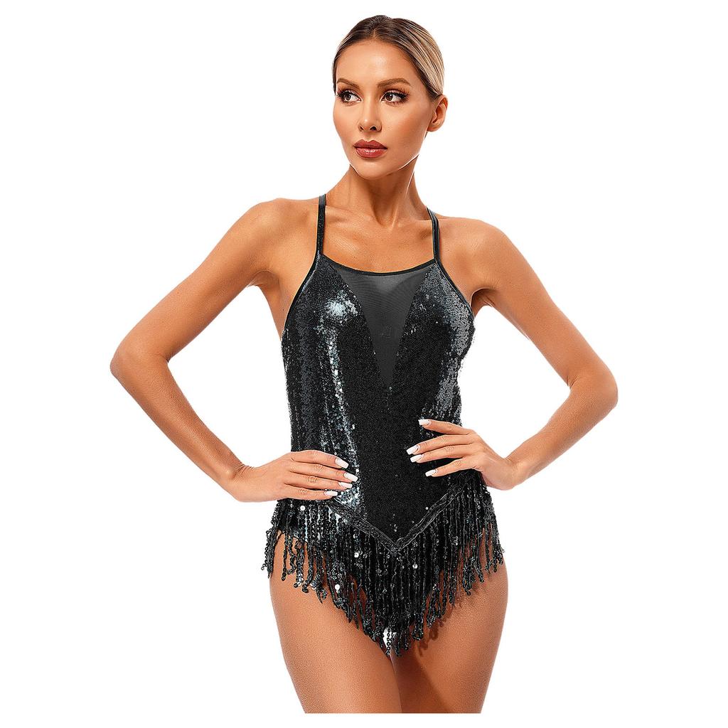 Ladies Latin Performance Leotard S-XXL Sequins Fringe Cross Back with 1 Pair Gloves for Tango Rumba Cha-Cha Samba Dance