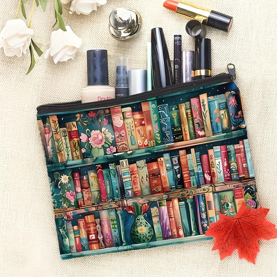 

Makeup Bag, Double Side Print Book Zipper Pouch, Durable Travel Pouch Gift for Women Reader Student Teacher бежевий