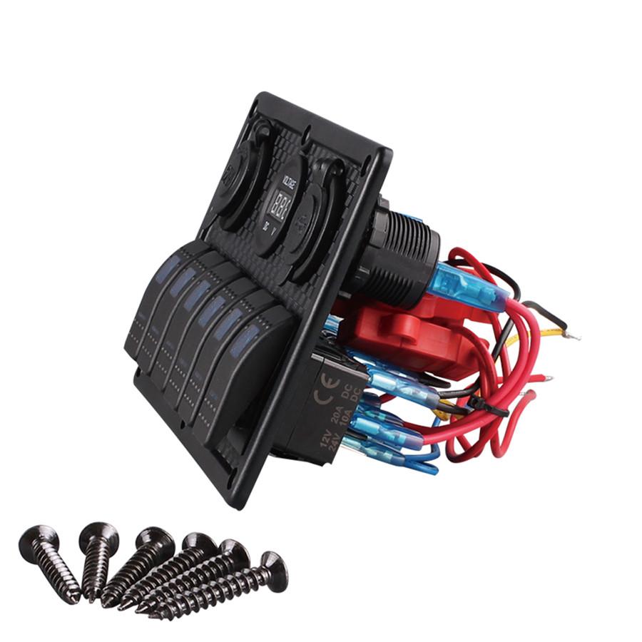 NEW 6 way Rocker Switch + Dual USB Car Charger + Voltmeter car Cigarette Lighter