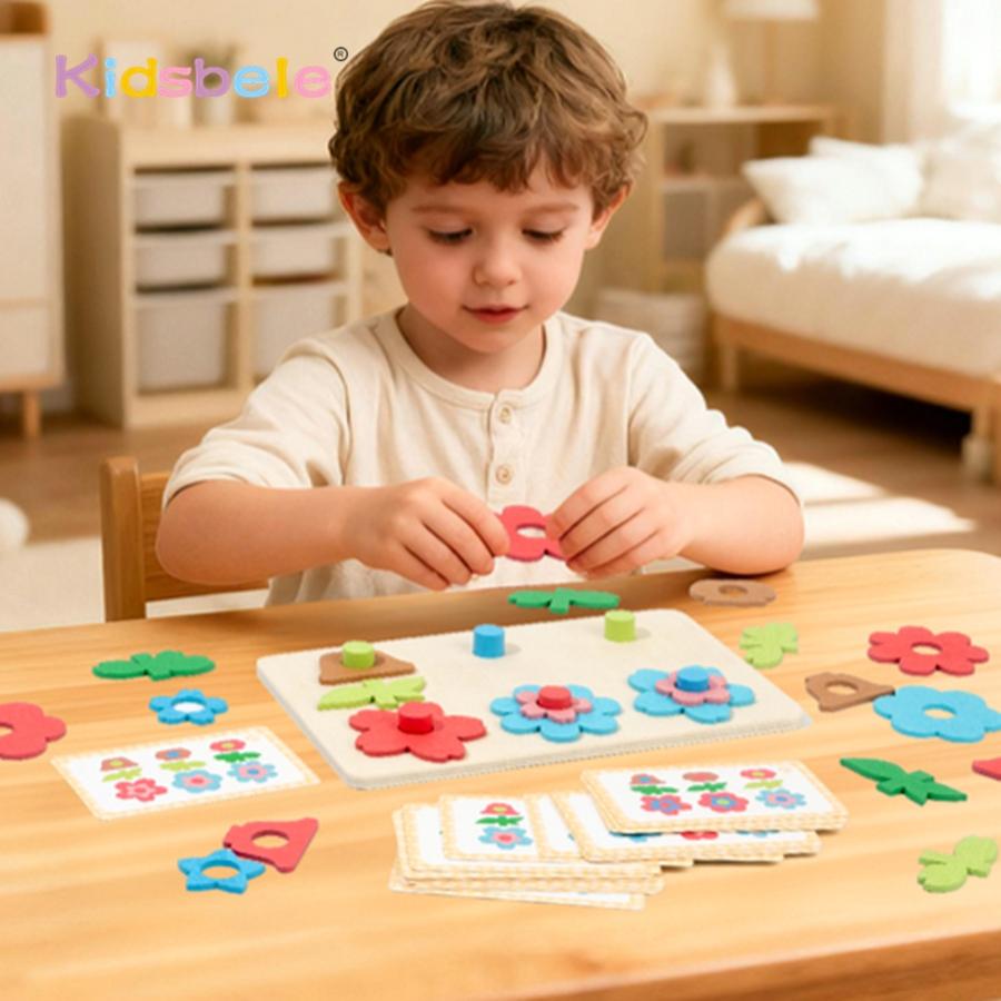 Flower Geometric Shape Sorting Stacking Bricks Wooden Board Game For Toddler With Color Cards Montessori Puzzle Birthday Gift