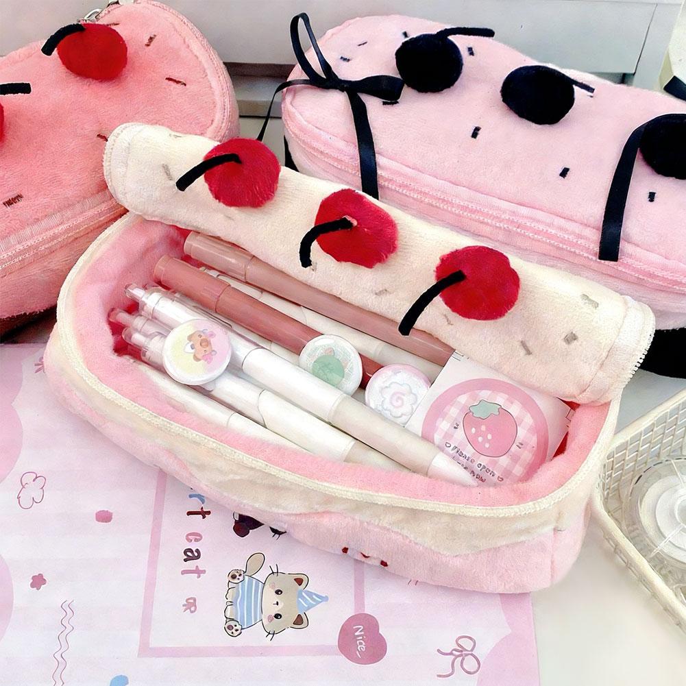 Cartoon Cherry Cake Plush Pen Bag Large Capacity Portable Multifunctional Stationery Pencil Case Makeup Storage Bag for Students Gift