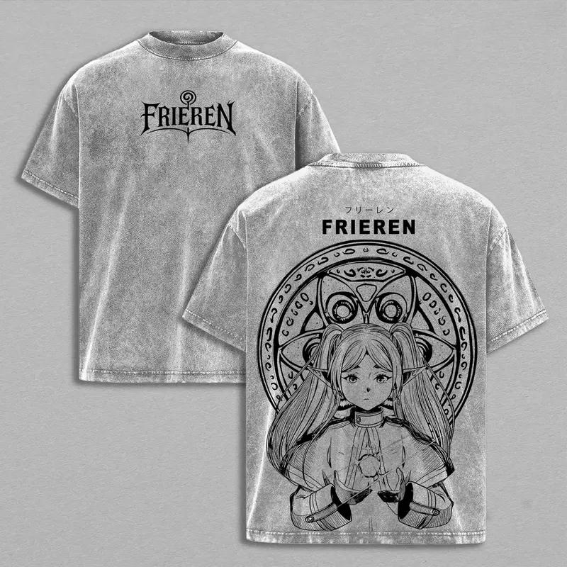 Frieren Beyond Journey's End Clothing Men Women Manga T-shirts Vintage Washed T Shirt Casual Cotton Tee Harajuku Male Tshirt