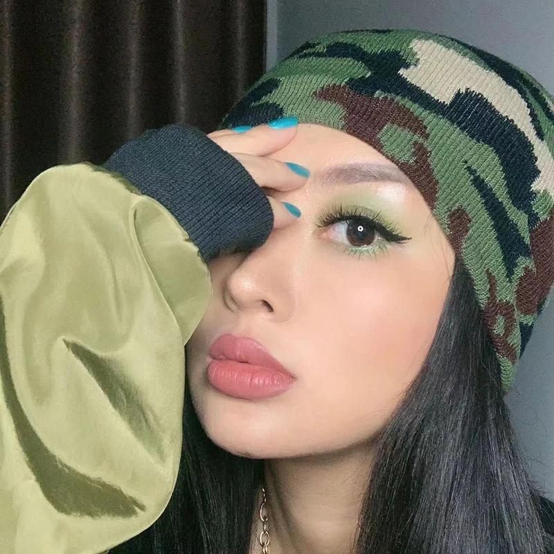 European Camouflage Knitted Hats Color Block Autumn And Winter New Warm Hip Hop Versatile Street Fashion Outdoor Retro Beanies
