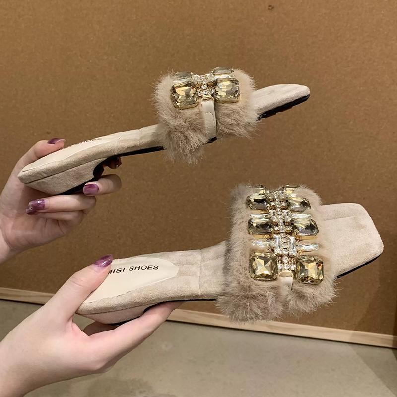 Crystal Women Slippers Flats Fur Designer Shoes Autumn Elegant Dress Woman Shoes 2025 New Luxury Zapatillas De Mujer