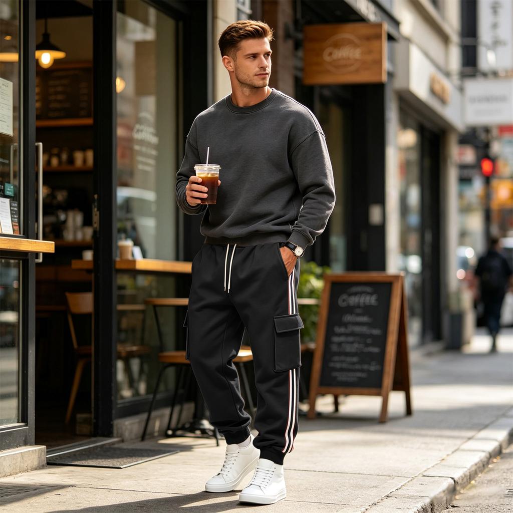 Men's -Lined Cargo Sweatpants, Loose Fit Multi-Pocket Joggers for Outdoor Hiking, Travel and Casual Everyday Wear