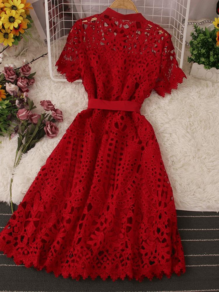 French Stylish Hollow Out Lace Dress Women Elegant Solid Open Stitch Lace-up Evening Dress 2024 New Tide Summer