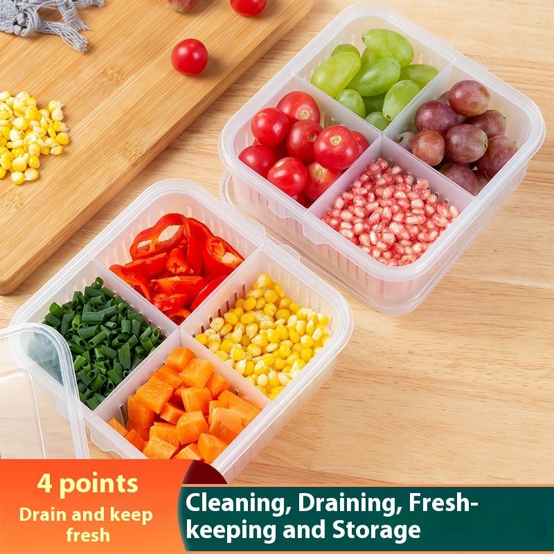 Refrigerator Storage Box 4 Grid Food Vegetable Fruit Storage Box Fridge Organizer Drain Basket Meat Onion Ginger Clear Crisper