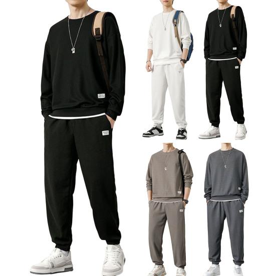 2Pcs/Set Men Spring Autumn Outfit Waffle Texture O-neck Long Sleeve Tops Elastic Waist Pockets Sweatpants Solid Color Casual Outfit