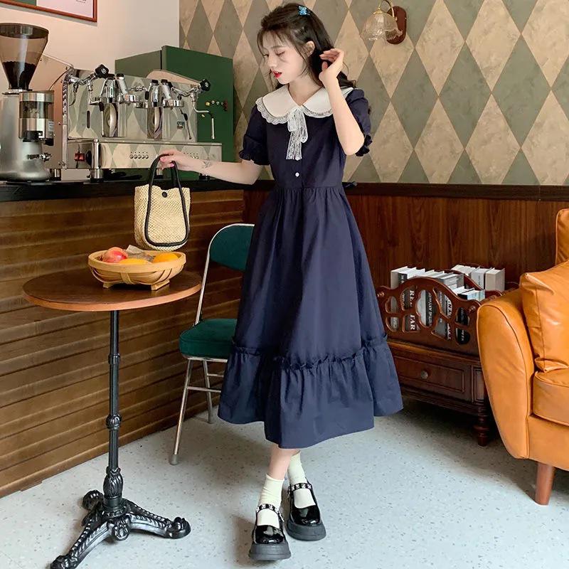 Junior High Girls' College Style Knee-Length Summer Dress with Doll Collar (Ages 12-15)