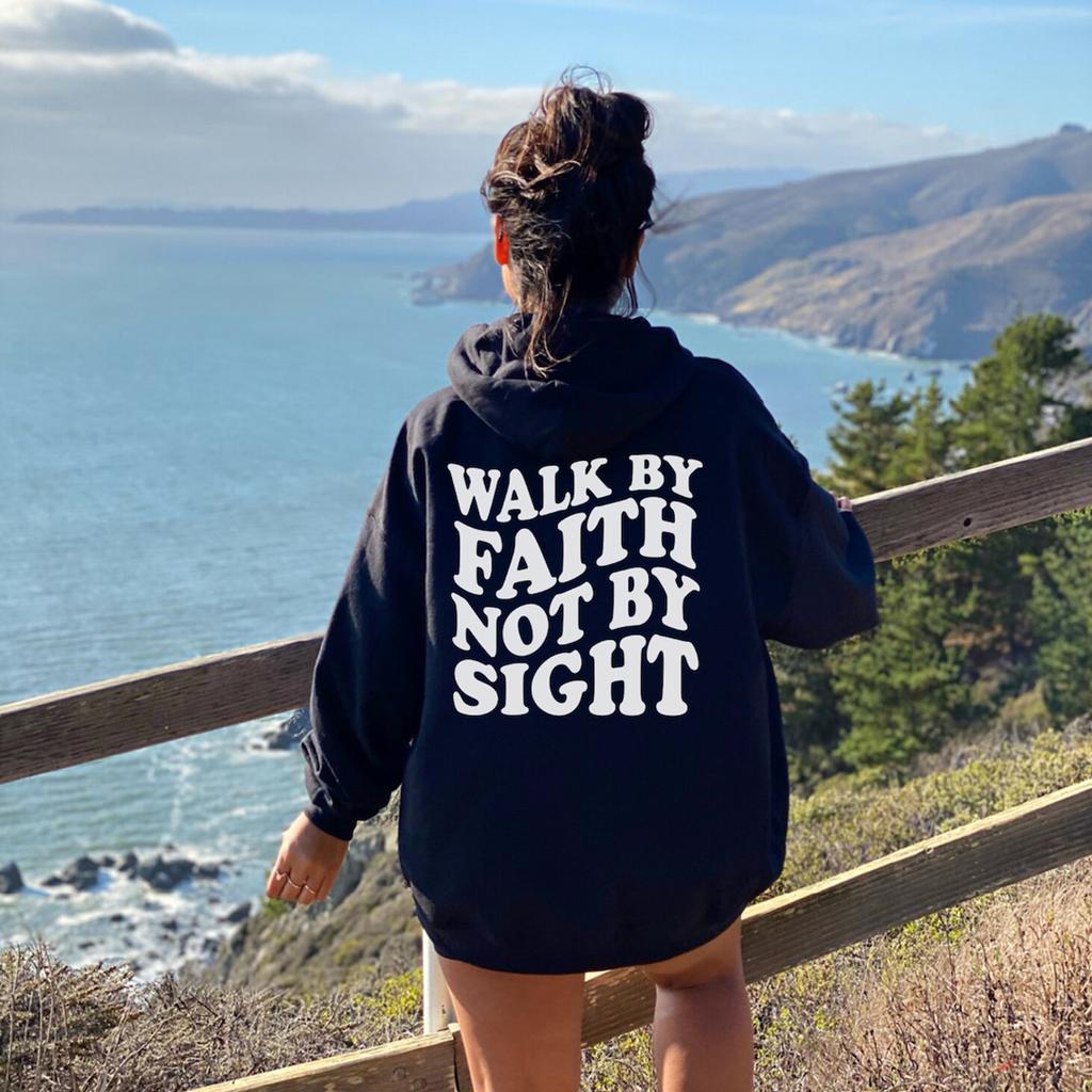 Walk By Faith Not By Sight Letter Printed Hoodies Casual Women Sweatshirts Fleece Warm Pullover Crewneck Loose Female Clothes