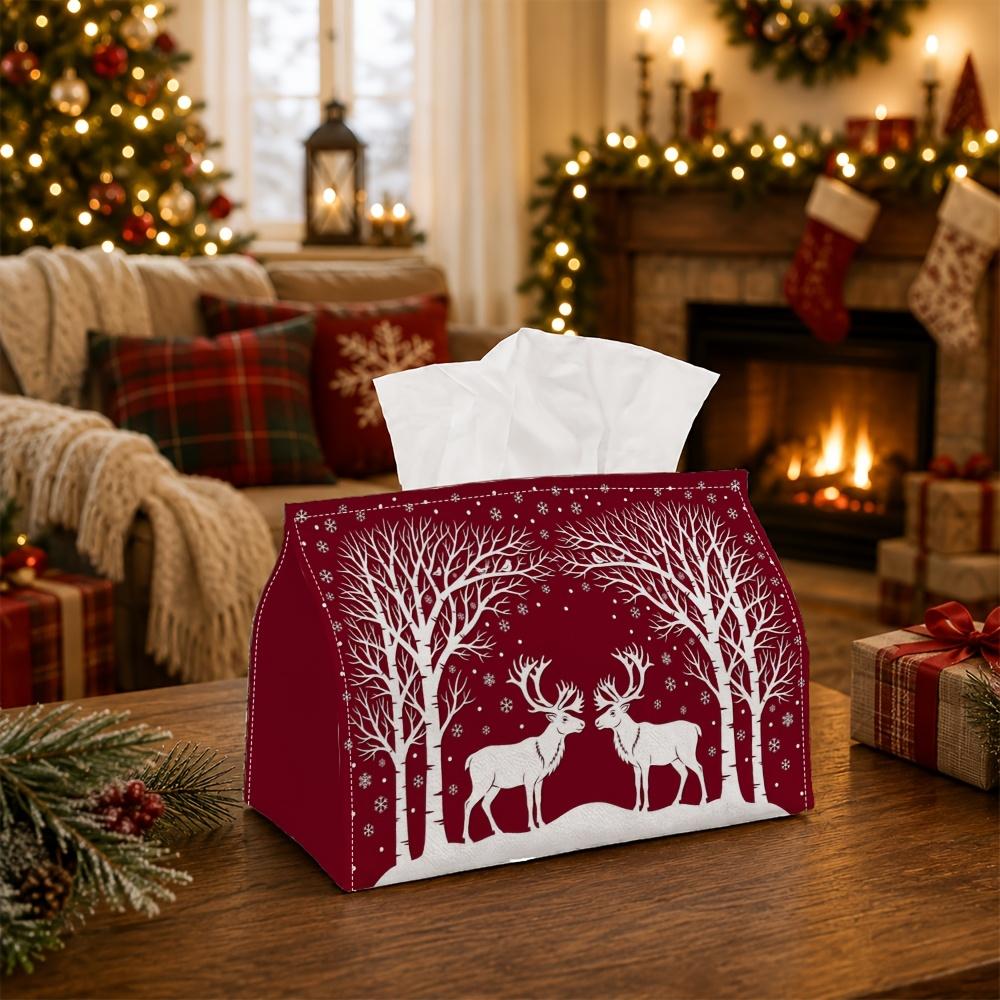 1pc Minimalist Winter Forest Tissue Box - Reindeer Silhouette Trees Napkin Storage Box, Suitable for Rolls/Facial Tissues/Single Sheets, Multi-Functio