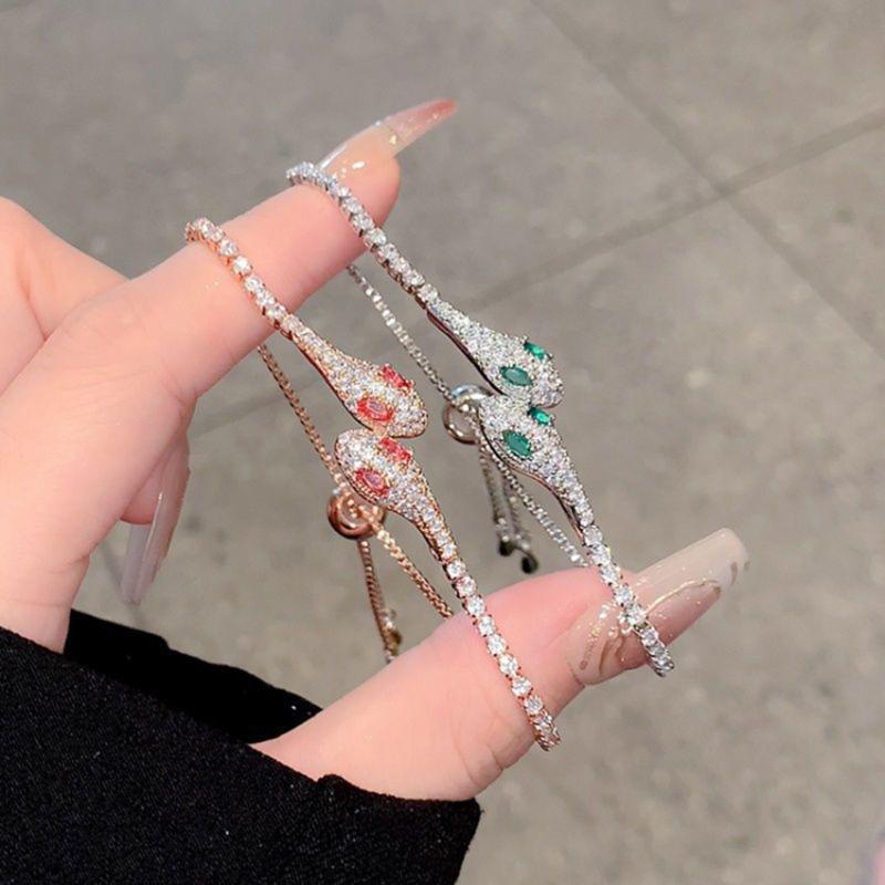 Diamonds Encrusted Snake Chain Bracelet Elegant Adjustable Closure Wrist Bangle Alloy Evening Party Accessory