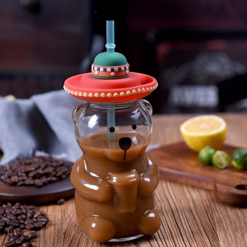 Niedlicher Bär Glasbecher für Kinder Hochtemperaturbeständige Transparente Gläser mit Strohhalmdeckeln Kaffeetassen Getränke Trinkgeschirr Geschenk