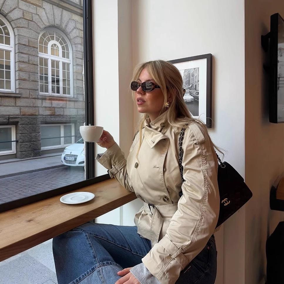 European & American Style Women's Fashion Double-breasted Stand Collar Twill Waist-cinching Short Jacket 2025