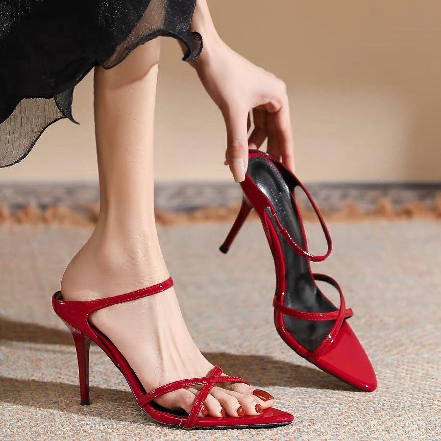 European banquet shoes high heels women's spring thin heels show legs long cross-strap single shoes