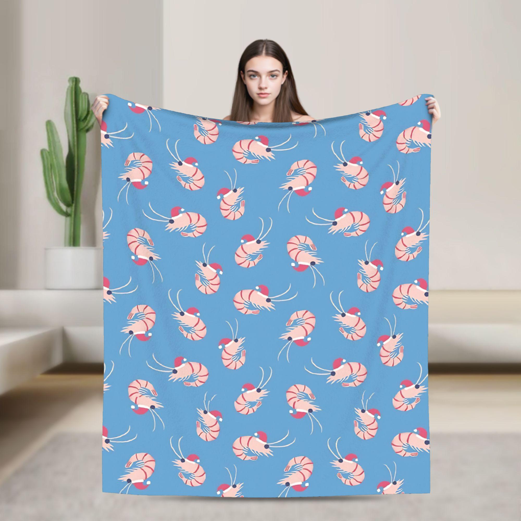 Prawns in Christmas Shrimp Partten Fleece Throw Blanket Blankets for Bed Couch Lightweight Thin Bed Rug, 75X95CM