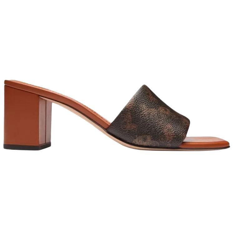 Coach Holly Square Toe Slip-On Carriage Print Block Heel Slide Sandals 6.5cm Women Sandals Brown CAS92-W8F