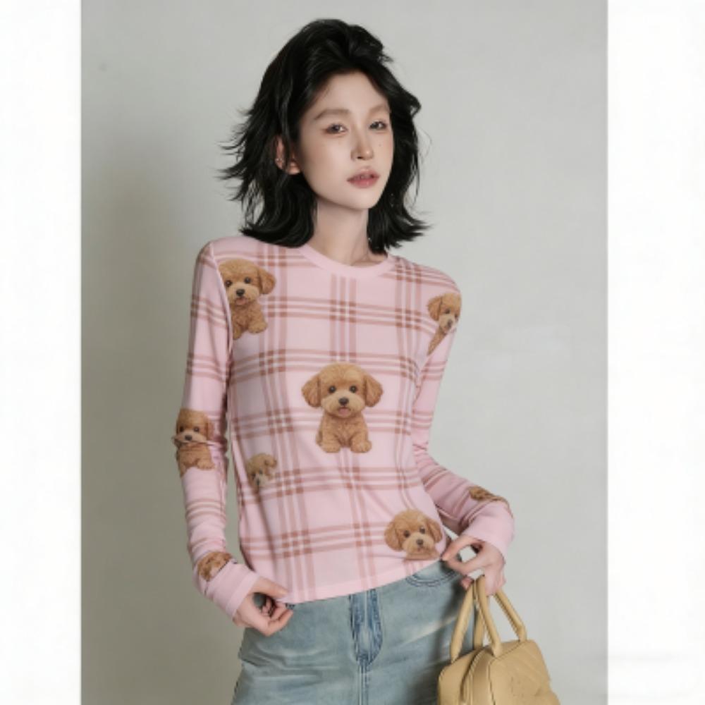 Spring Fashion Animal Dog Print Women's T-shirt Europe America Casual Pullover Women Long Sleeve Clothing Outdoor Street Tees Top
