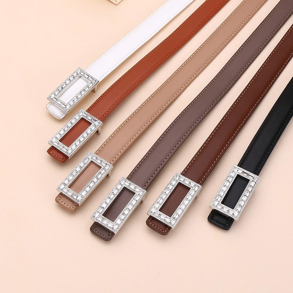 Women'S Leather Belt Rhinestone Inlaid Premium Jeans Pants Belt Square Buckle Cowhide Belt Women'S