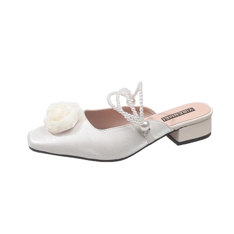 Fashion Spring and Summer New Pearl Rose Block Heel Delicate with Skirt New Chinese Baotou Going Out Half Slippers Women