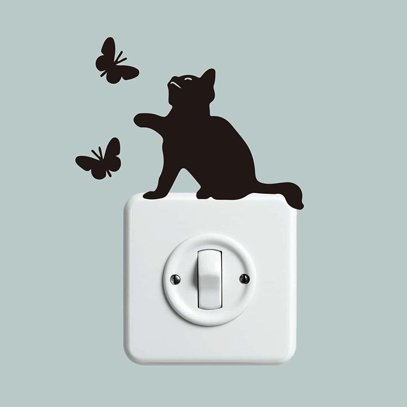 Cartoon Kitten and Butterfly Light Switch Stickers Whimsical Wall Decals for Living Room and Hallway Home Decor