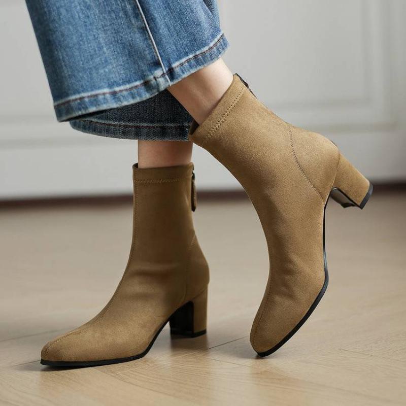 New elastic suede large size women's boots solid color high heel medium boots women's rear zipper beef tendon soft bottom Korean version fashion boots
