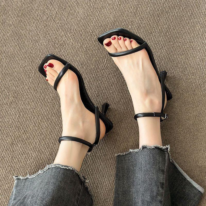 One Word with Black High Heels, Female Stiletto Stepping On Shit, White Fairy Style Sandals Square Head 2025 Summer and Autumn New Models