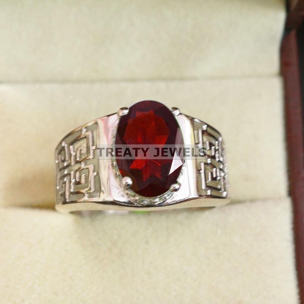 Granat Oval geschliffener Edelstein mit 925er Sterling Silber Ring für Herren #B89 JL375671417196
