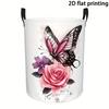 Round Polyester Laundry Basket With Butterfly And Rose Pattern | Large Capacity, Portable, Foldable Design, Ideal For Bedroom, Laundry Room, Dorm Stor