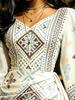 Women's Off-White Ethnic Geometric Print Maxi Dress V Neck Wrap Waist Flare Sleeve Party Gown