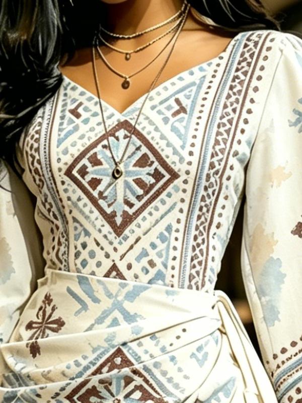 Women's Off-White Ethnic Geometric Print Maxi Dress V Neck Wrap Waist Flare Sleeve Party Gown