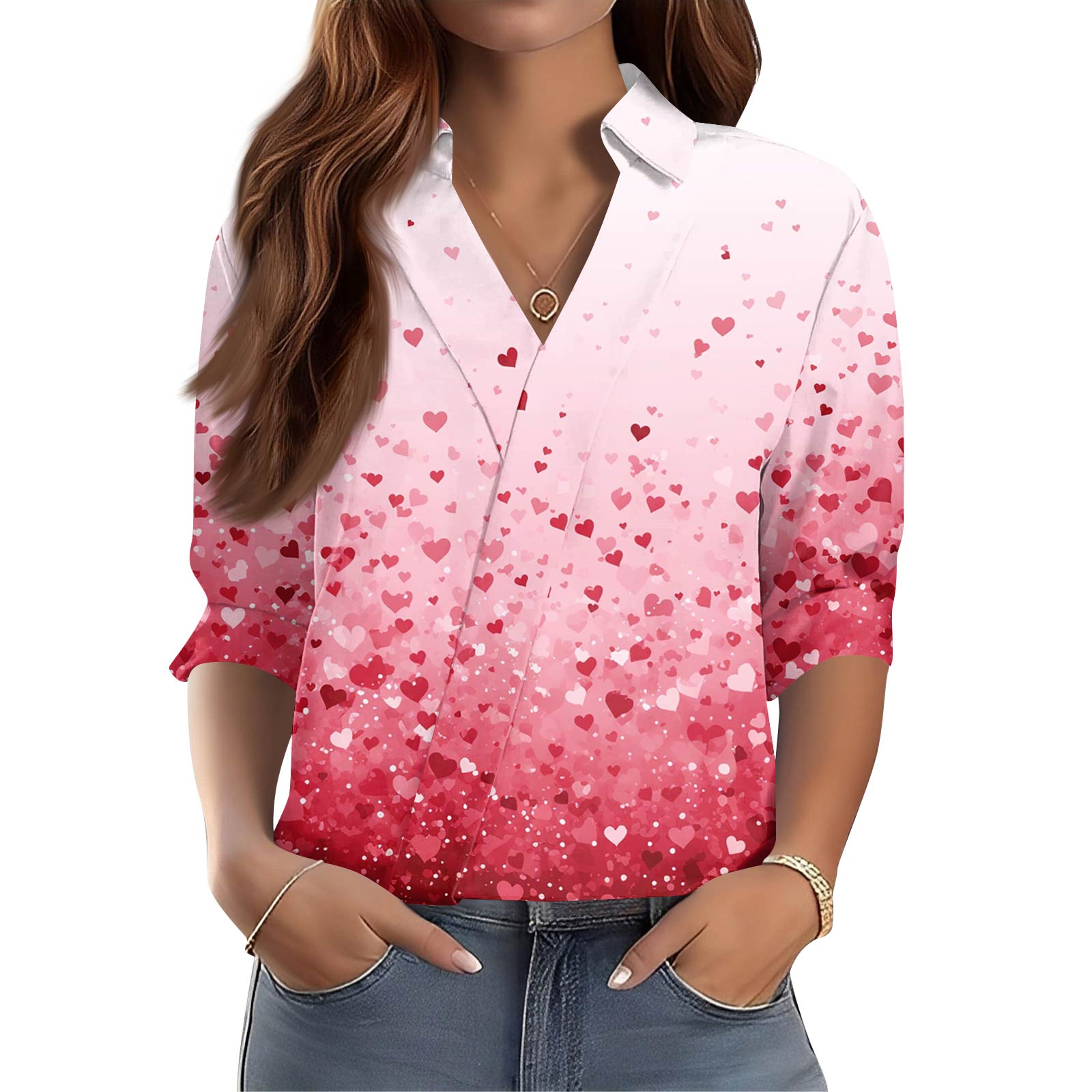 

Women s 3/4-Sleeve V-Neck Shirt Printed Workwear Casual Regular Shirt Collar Top L рожевий