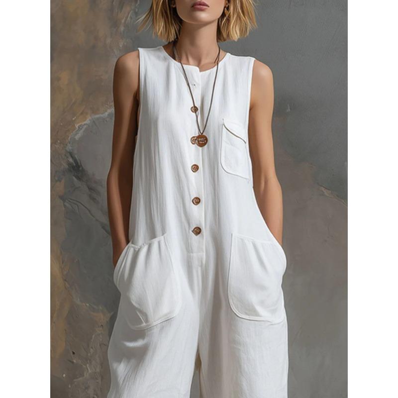 

VEZFAA Women s Fashion Casual Summer Spring Solid Color Print Sleeveless O-Neck Loose Waistline Trousers Jumpsuits & Rompers S белый