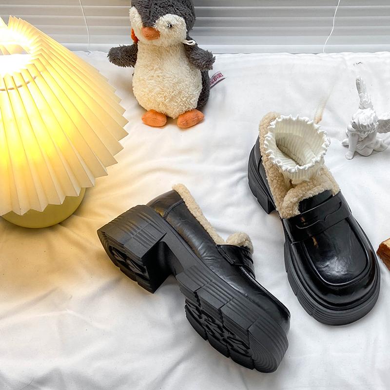 TUINANLE Winter New Plush Lined Loafers Women's Retro Chunky Platform Fluffy Leather Shoes Comfortable & Warm