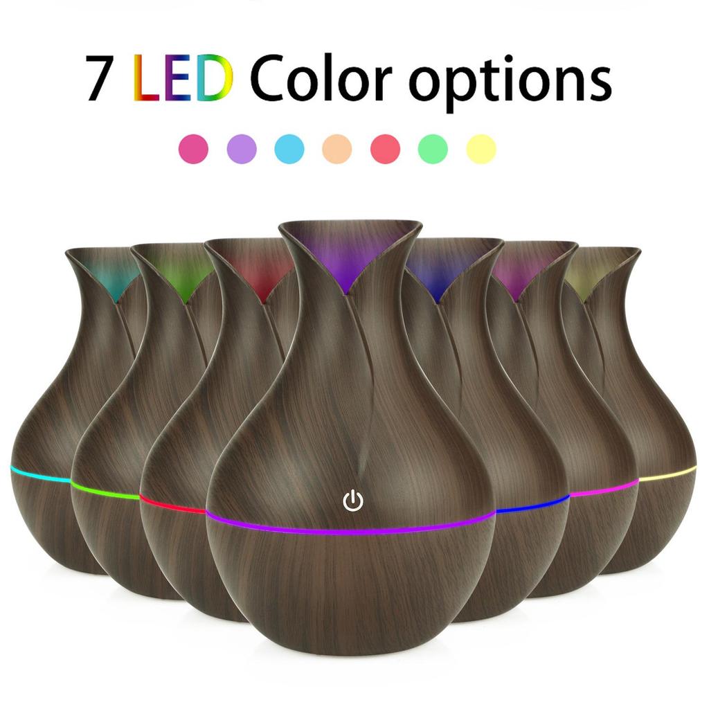 USB Wood Grain Vase Aroma Diffuser: Touch-Controlled, 7-Color Night Light, 5V Humidifier