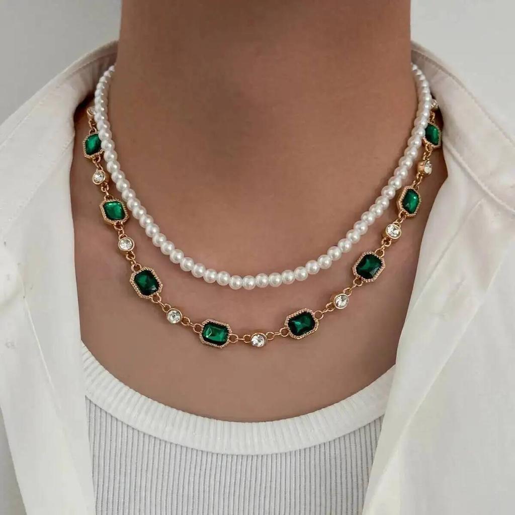 SHIXIN Vintage Multi-layer Imitation Pearl Acrylic Rhinestone Necklace Women Boho Exquisite Clavicle Chain Jewelry 2026 New Gift