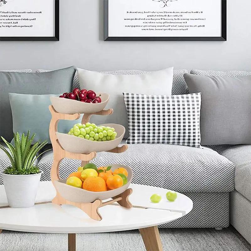3-stöckiges Obst-Serviertablett, Trockenobstschale mit Böden, Süßigkeiten-/Kuchentablett, Snackschale, Lebensmittel-Präsentationsständer aus Holz für das Wohnzimmer zu Hause