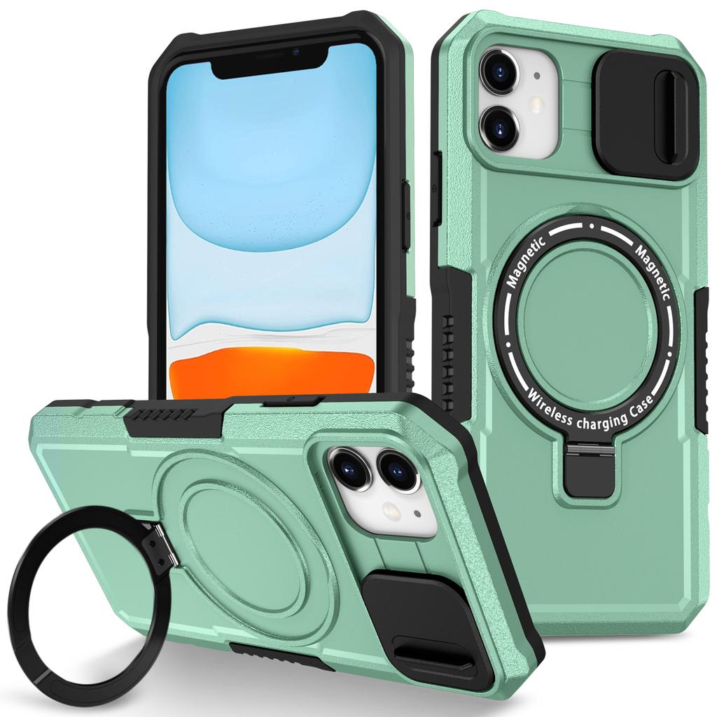For iPhone 11 Case Invisible Magnetic Kickstand PC+TPU Phone Shell Built-in Sliding Lens Cover