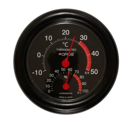 GRUS Analog Thermometer and Small (GRUS) Japanese-made Hygrometer, Black, (GRUS110-BK)
