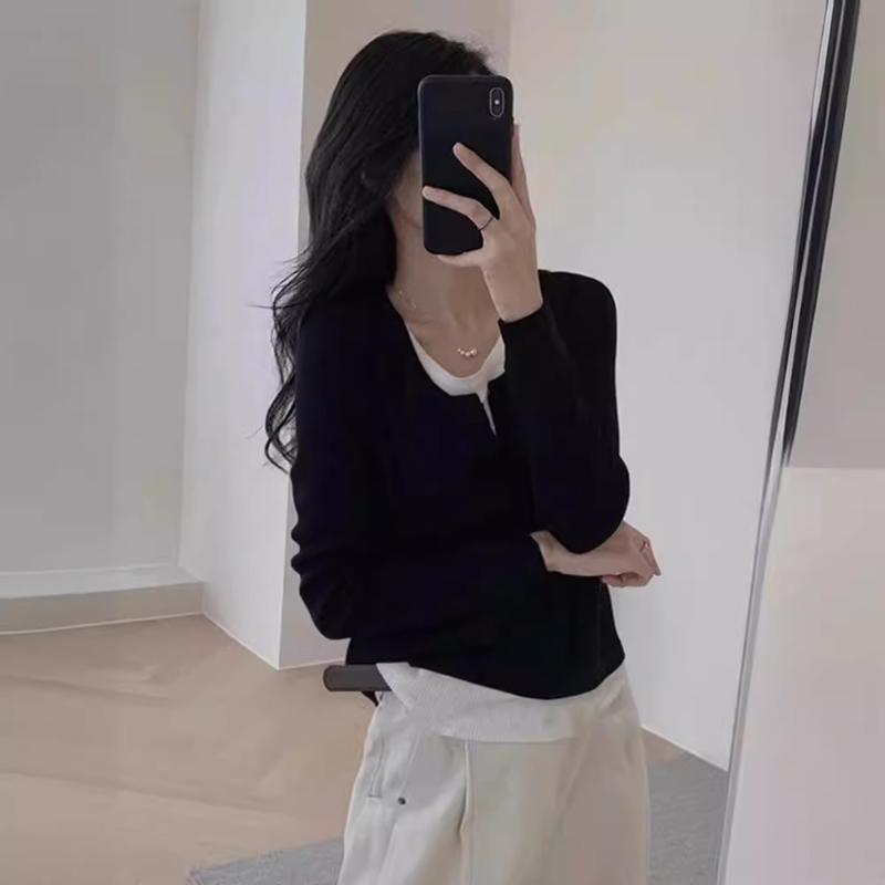 Autumn Winter Korean Fashion Patchwork Tops Women Casual Fake Two-piece T-shirt Elegant Long Sleeved Pullover Slim Contrast Color Clothes
