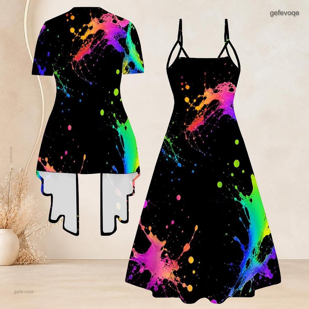 Women Plus Size Printed Two Piece Set Short Sleeve Draped Cardigan Strappy V Neck Flared Dress