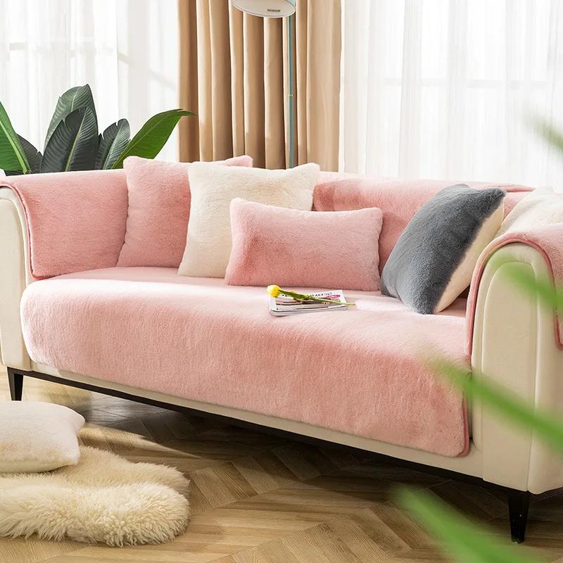 New Rabbit Plush Sofa Cushion Winter Style Anti-skid Thickened Sofa Cover Simple Modern Winter Light Luxury Style Cushion Cover