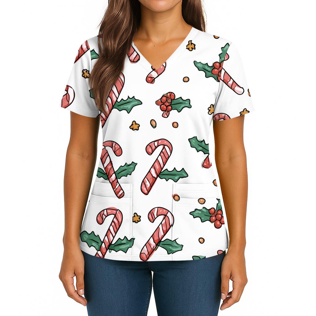Women's Christmas Print V-Neck Double Pocket Short Sleeves Hem Slit Uniform And Caregiver Top