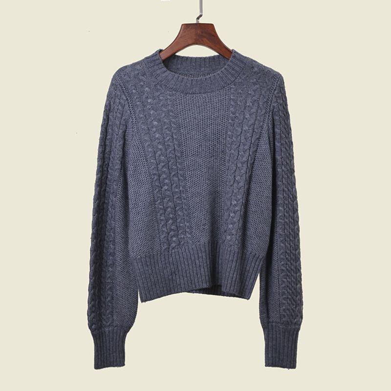 

Casual Minimalist round Neck Long Sleeve Bottoming Sweater Knitwear Export Cable Stitch Pullover Keep Warm Wool Blend Tops Grey All yards