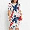 Women Plus Size Two Piece Skirt Set Round Neck Short Sleeve Printed Asymmetric Top Fitted Skirt Red Blue White