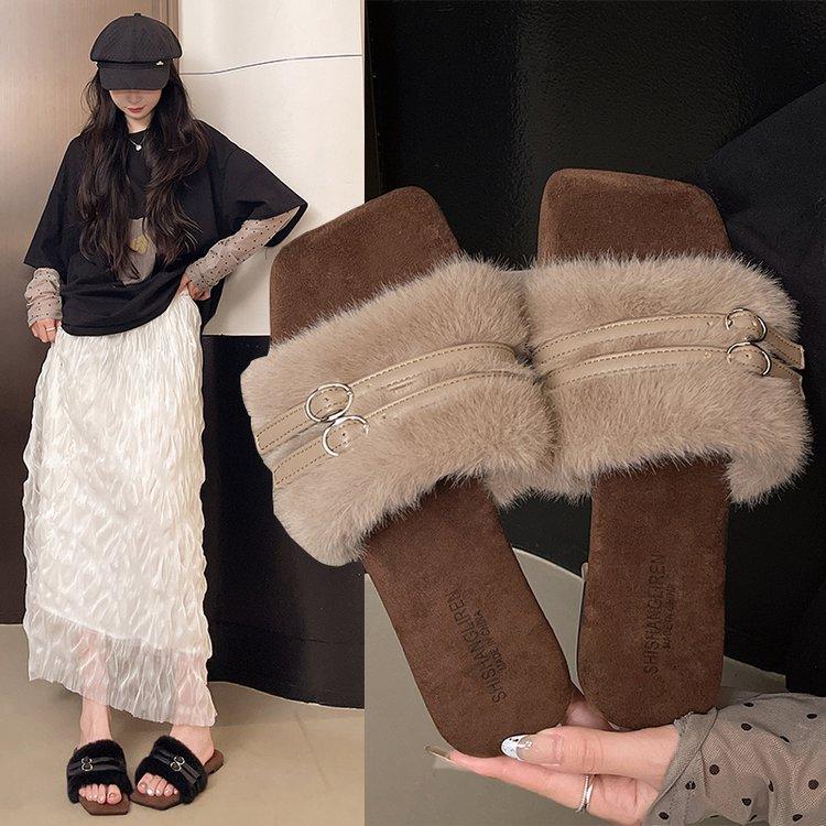 [Youshilai] New one-word fluffy slippers women's 2025 autumn and winter wear versatile temperament fairy wind cotton slippers
